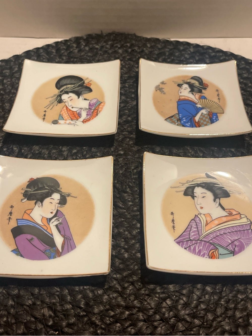 Vintage BP Porcelain Geisha Sushi Soy Sauce Dish Set in White, Purple and Blue m